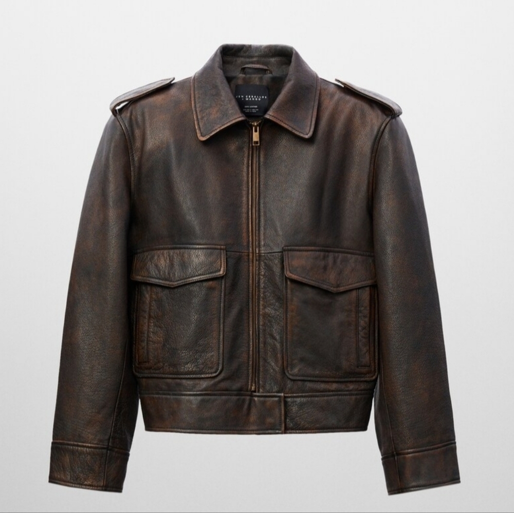 Mango Jen Ceballos Brown Leather Vintage Look Jacket Bronze Medium